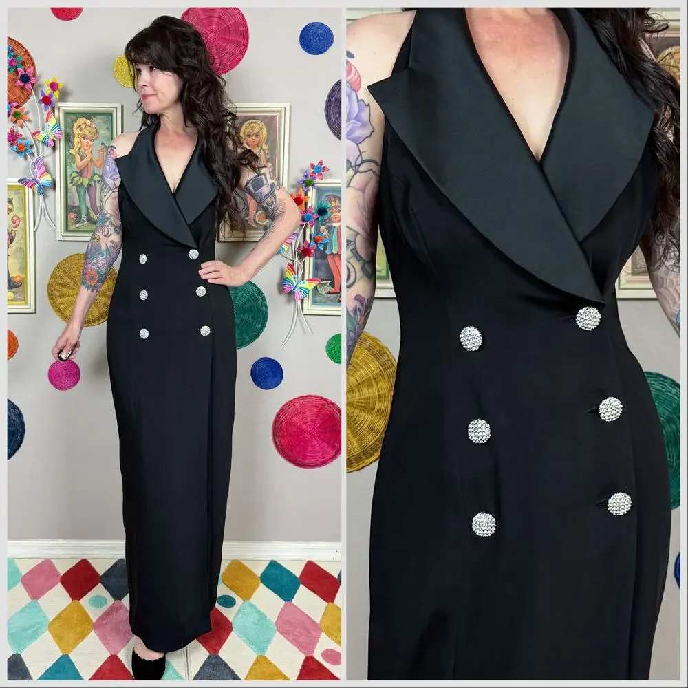 Vintage 1990s Black Sleeveless Double Breasted Blazer Halter Wrap Dress - Picture 1 of 7
